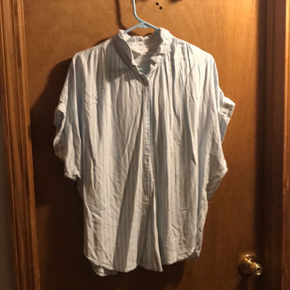 Blue and white short sleeve button shirt.